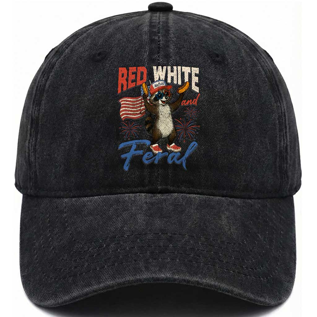 Funny Raccoon July 4th Washed Cotton Baseball Cap Red White and Feral Patriotic Trash Panda