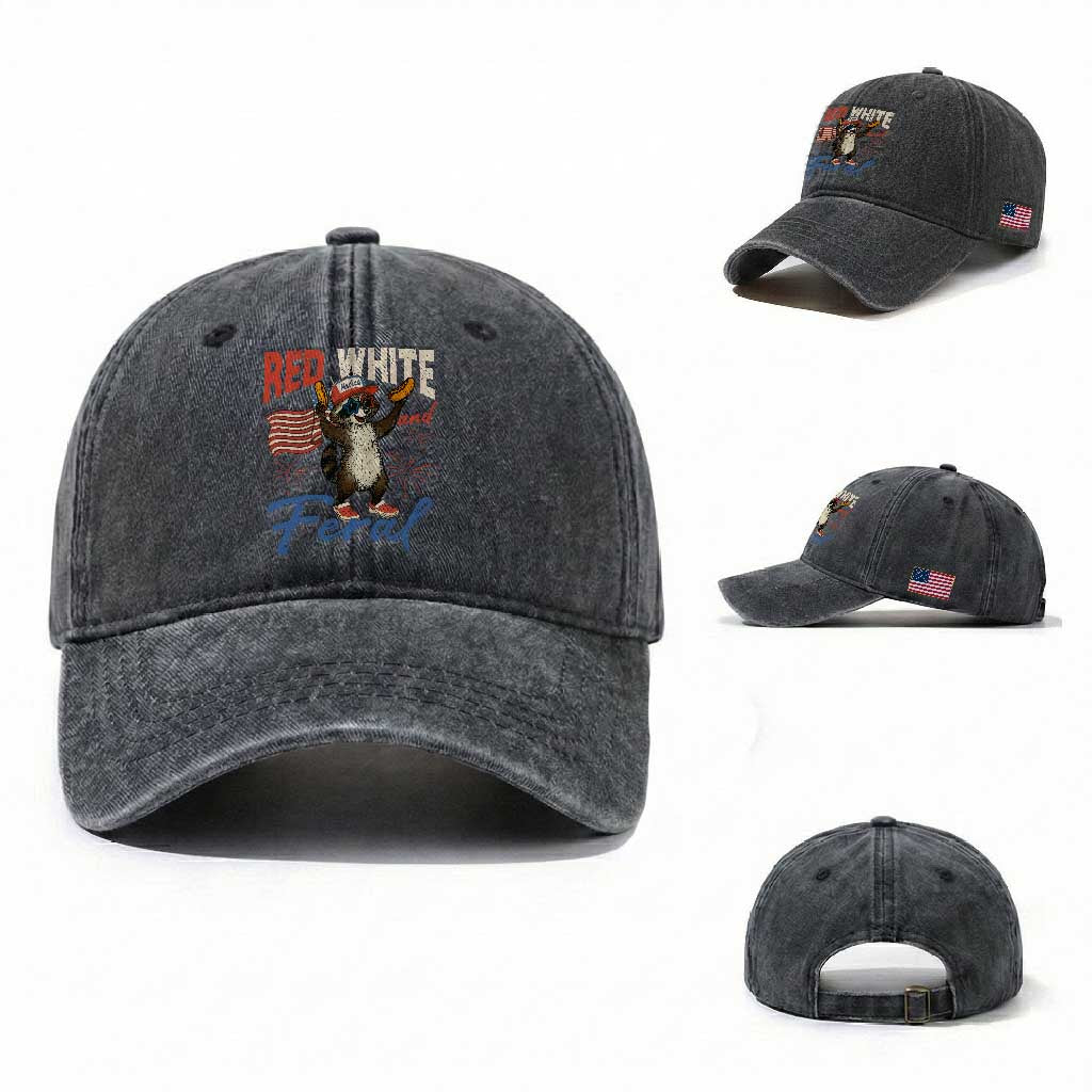 Funny Raccoon July 4th Washed Cotton Baseball Cap Red White and Feral Patriotic Trash Panda