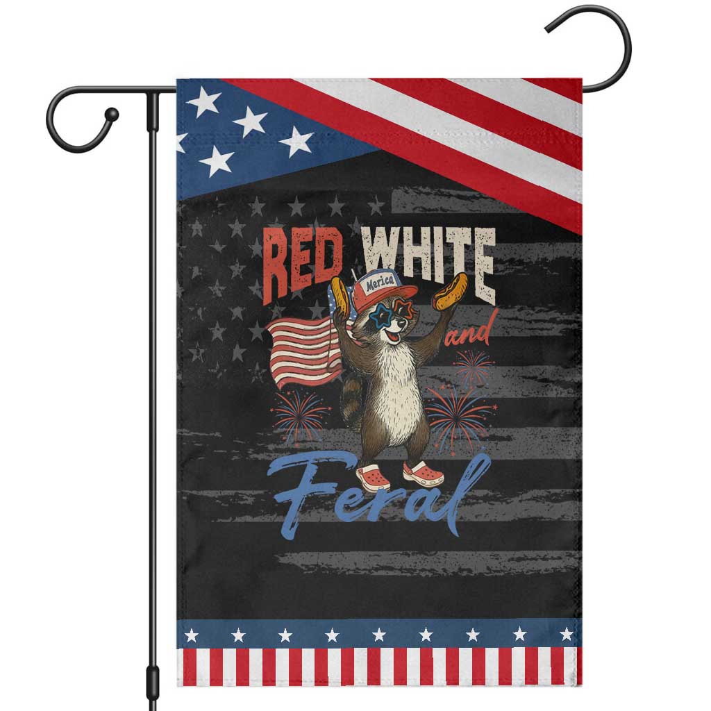 Funny Raccoon July 4th Garden Flag Red White and Feral Patriotic Trash Panda