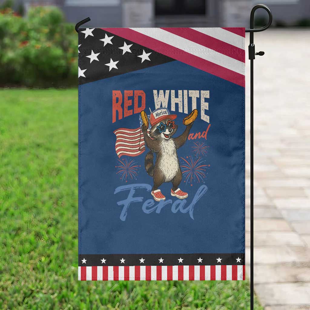 Funny Raccoon July 4th Garden Flag Red White and Feral Patriotic Trash Panda