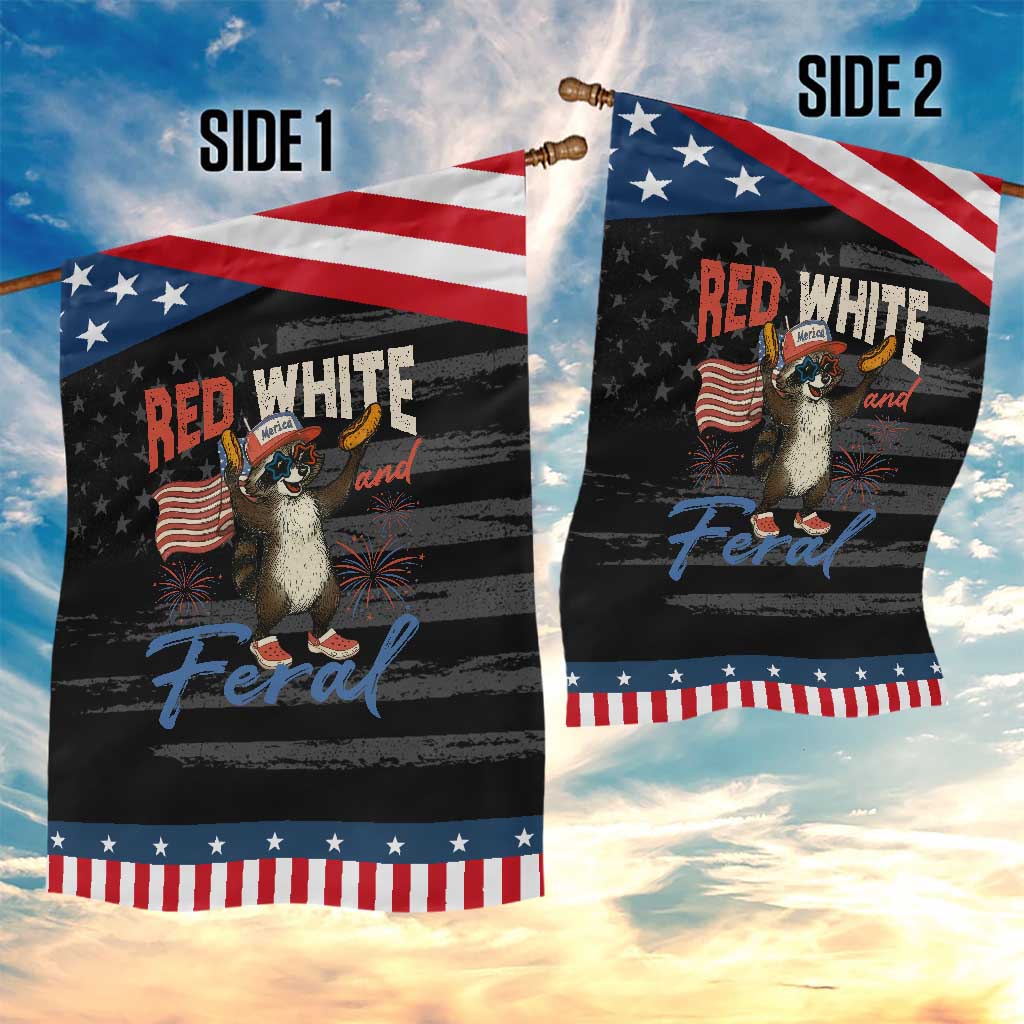 Funny Raccoon July 4th Garden Flag Red White and Feral Patriotic Trash Panda