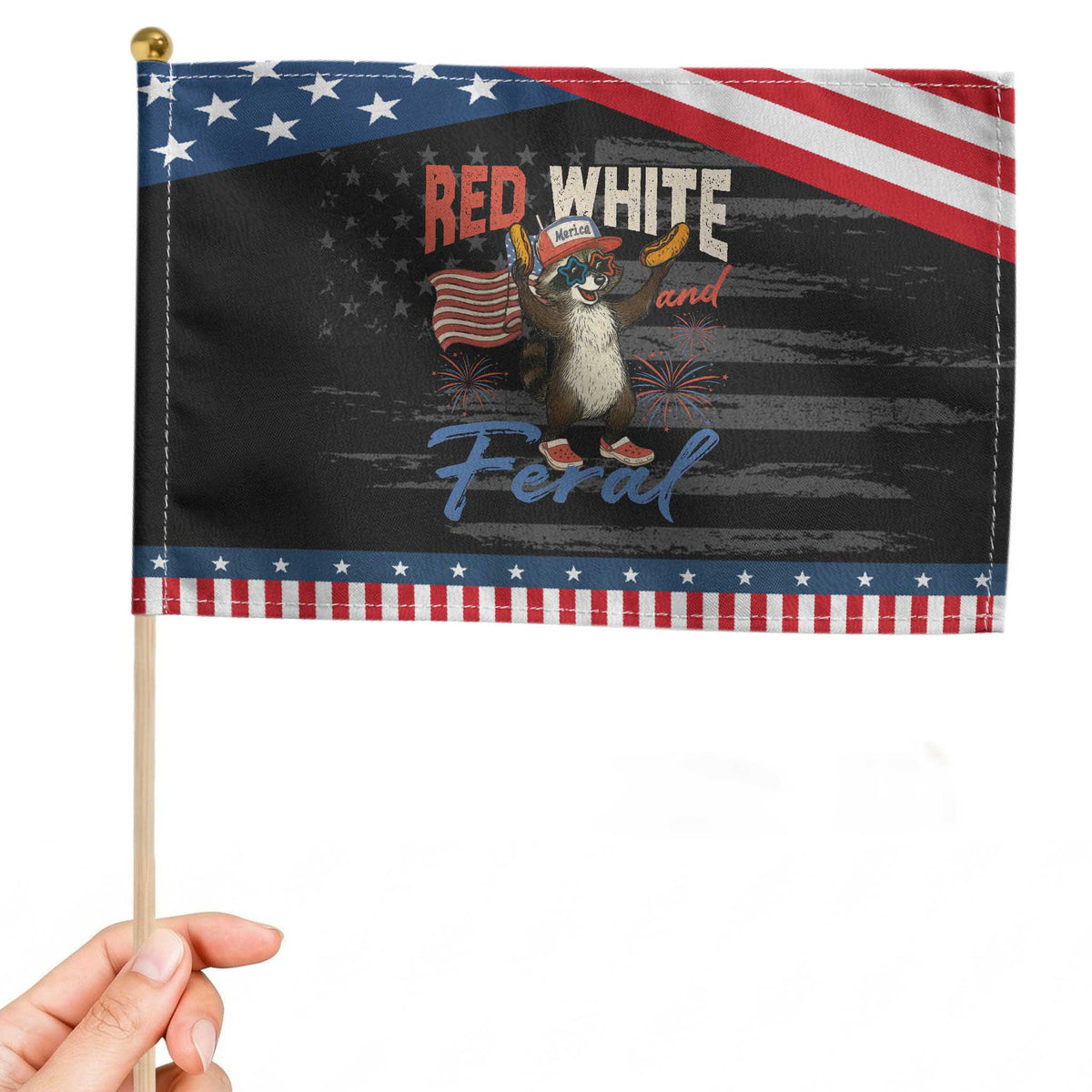 Funny Raccoon July 4th Patriotic Handheld Flag Red White and Feral Trash Panda