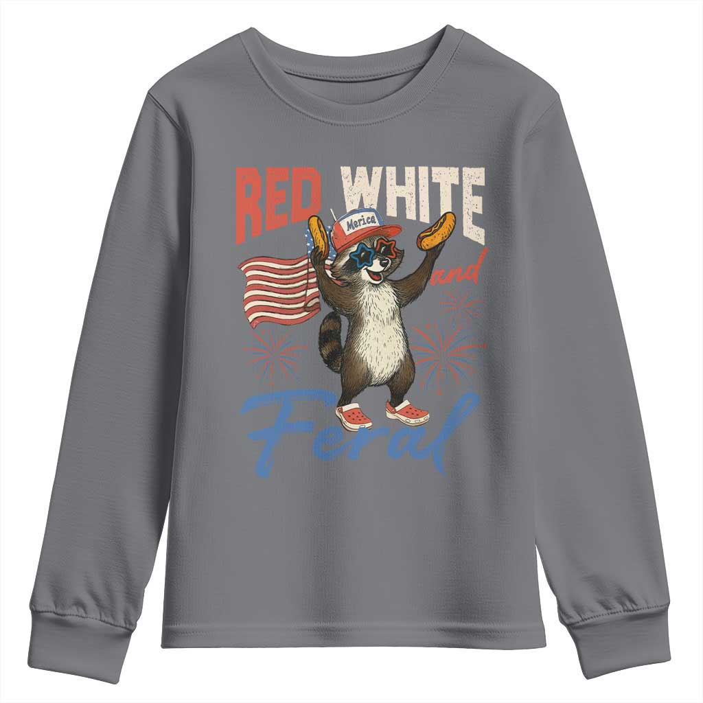 Funny Raccoon July 4th Youth Sweatshirt Red White and Feral Patriotic Trash Panda - Wonder Print Shop