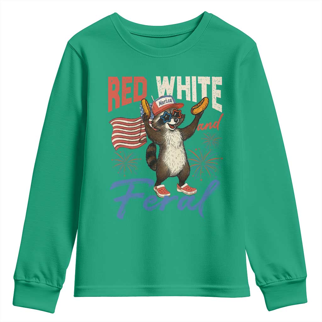 Funny Raccoon July 4th Youth Sweatshirt Red White and Feral Patriotic Trash Panda - Wonder Print Shop