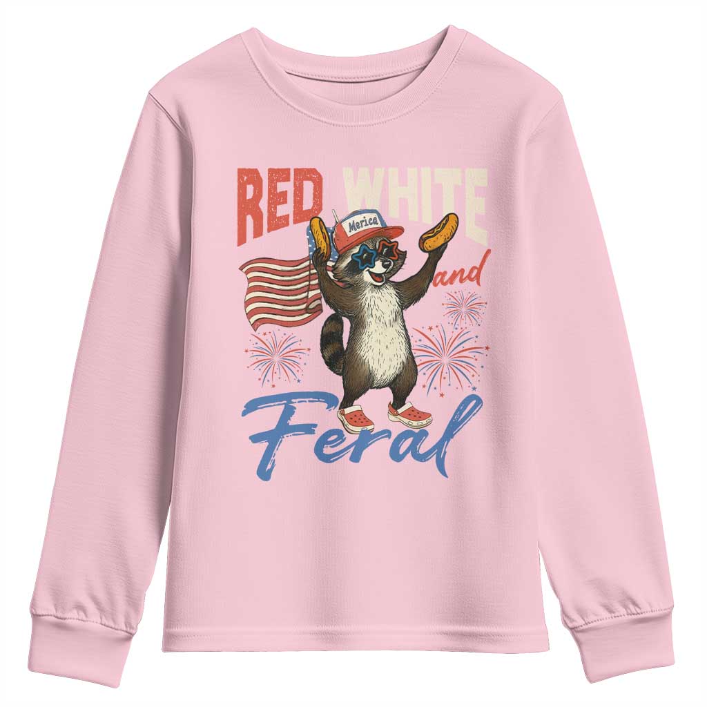Funny Raccoon July 4th Youth Sweatshirt Red White and Feral Patriotic Trash Panda - Wonder Print Shop