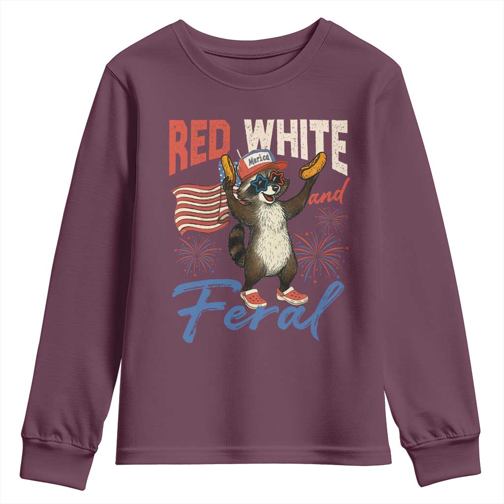 Funny Raccoon July 4th Youth Sweatshirt Red White and Feral Patriotic Trash Panda - Wonder Print Shop