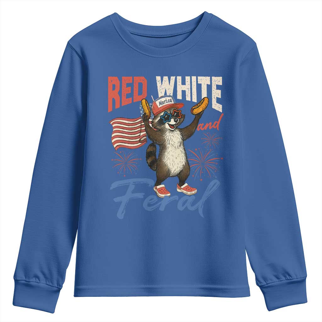 Funny Raccoon July 4th Youth Sweatshirt Red White and Feral Patriotic Trash Panda - Wonder Print Shop