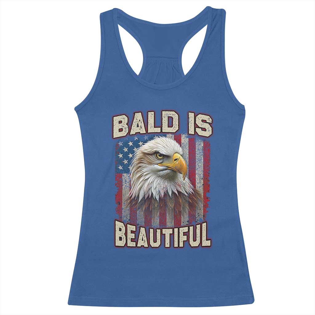 American Flag Bald Eagle Racerback Tank Top Bald Is Beautiful Retro 4th of July Independence Day - Wonder Print Shop
