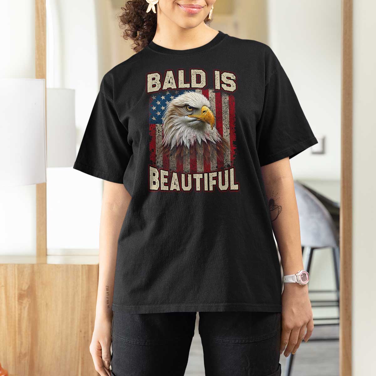 American Flag Bald Eagle T Shirt For Women Bald Is Beautiful Retro 4th of July Independence Day - Wonder Print Shop