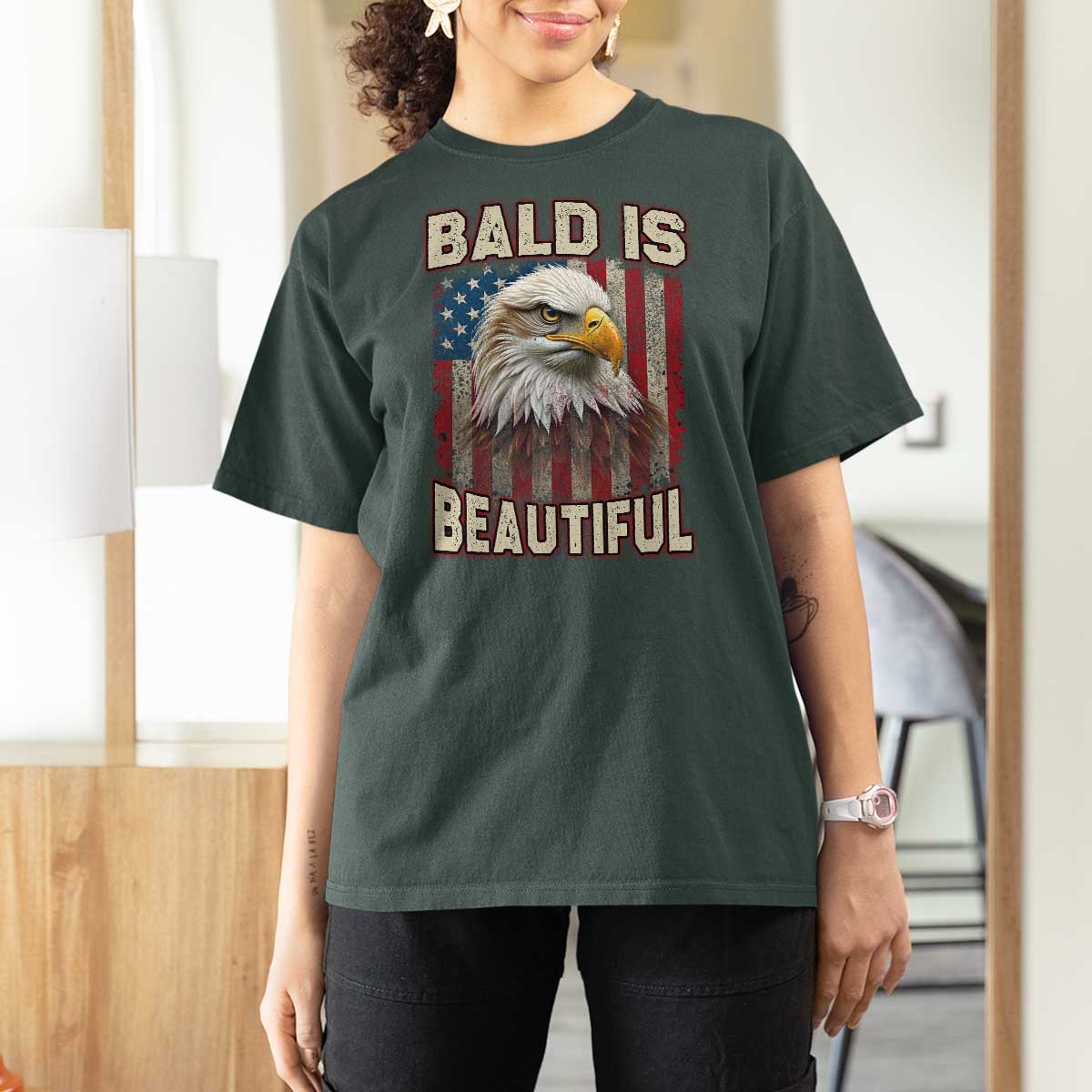 American Flag Bald Eagle T Shirt For Women Bald Is Beautiful Retro 4th of July Independence Day - Wonder Print Shop