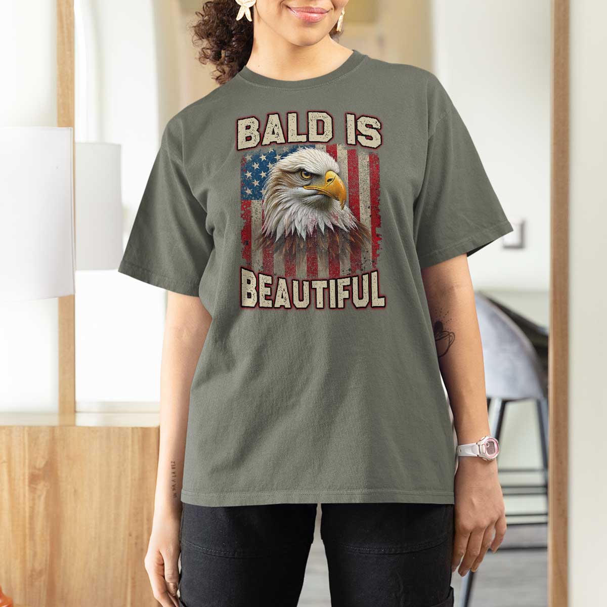 American Flag Bald Eagle T Shirt For Women Bald Is Beautiful Retro 4th of July Independence Day - Wonder Print Shop