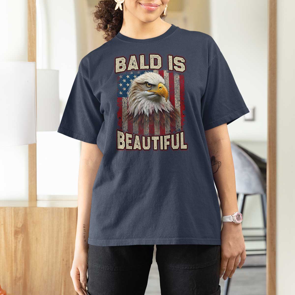 American Flag Bald Eagle T Shirt For Women Bald Is Beautiful Retro 4th of July Independence Day - Wonder Print Shop