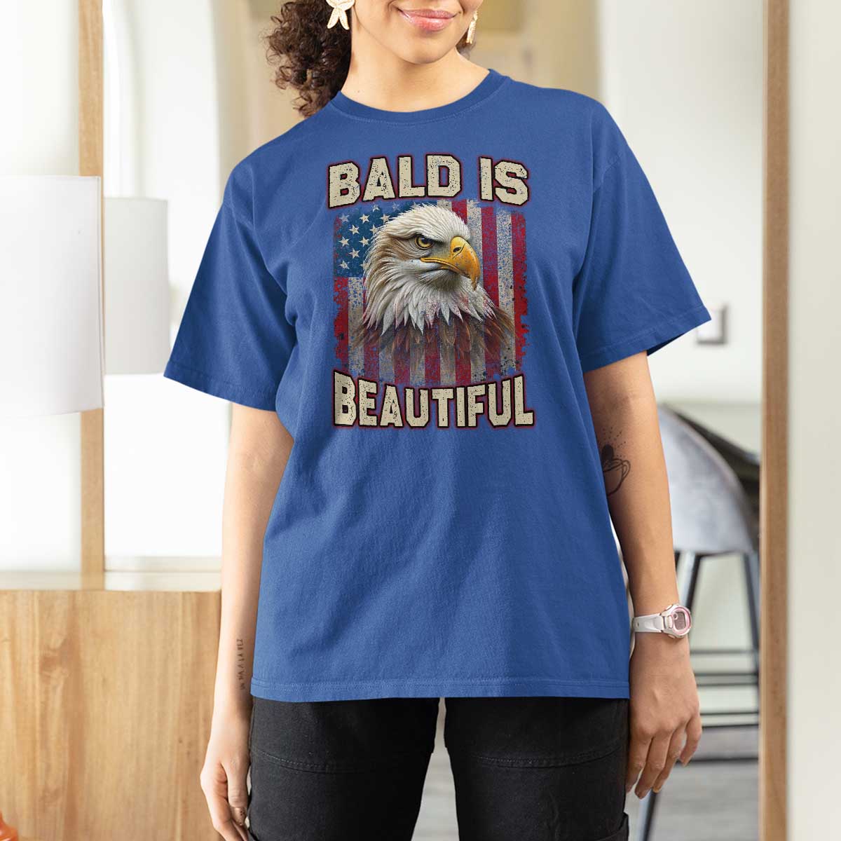 American Flag Bald Eagle T Shirt For Women Bald Is Beautiful Retro 4th of July Independence Day - Wonder Print Shop