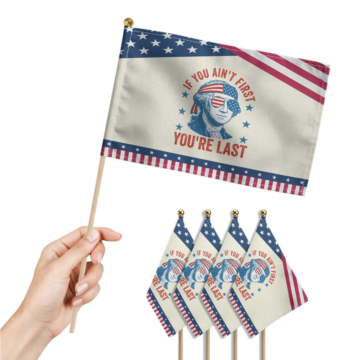 Funny 4th Of July Patriotic Handheld Flag George Washington Stay Strapped Or Get Clapped