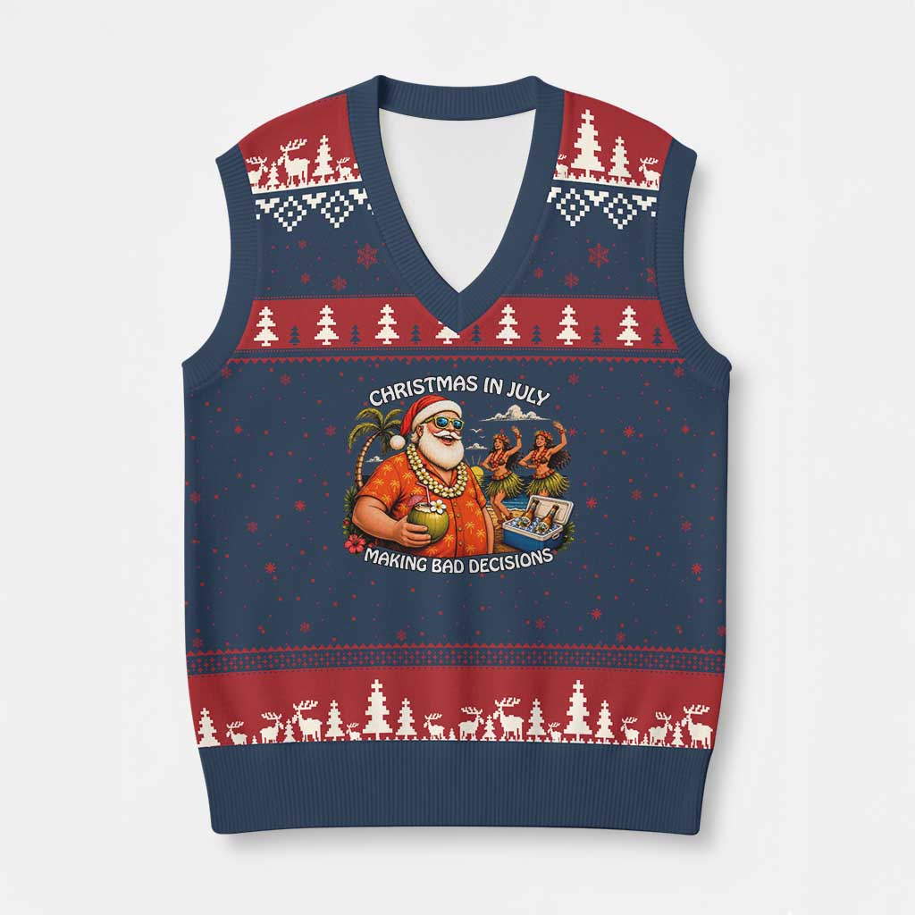 Funny Christmas in July Making Bad Decisions V-Neck Knit Sweater Vest Tropical Santa Hawaiian Summer Holiday Party