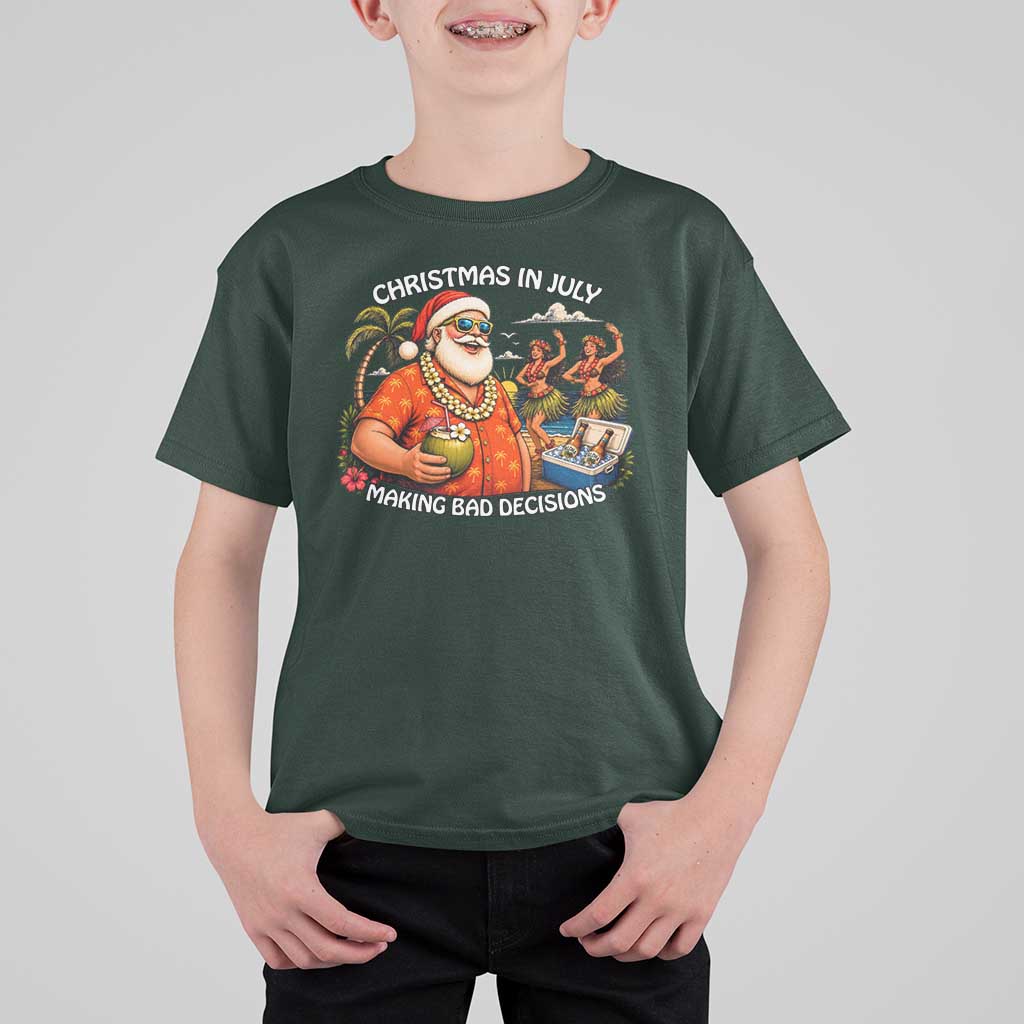Funny Christmas in July Making Bad Decisions T Shirt For Kid Tropical Santa Hawaiian Summer Holiday Party