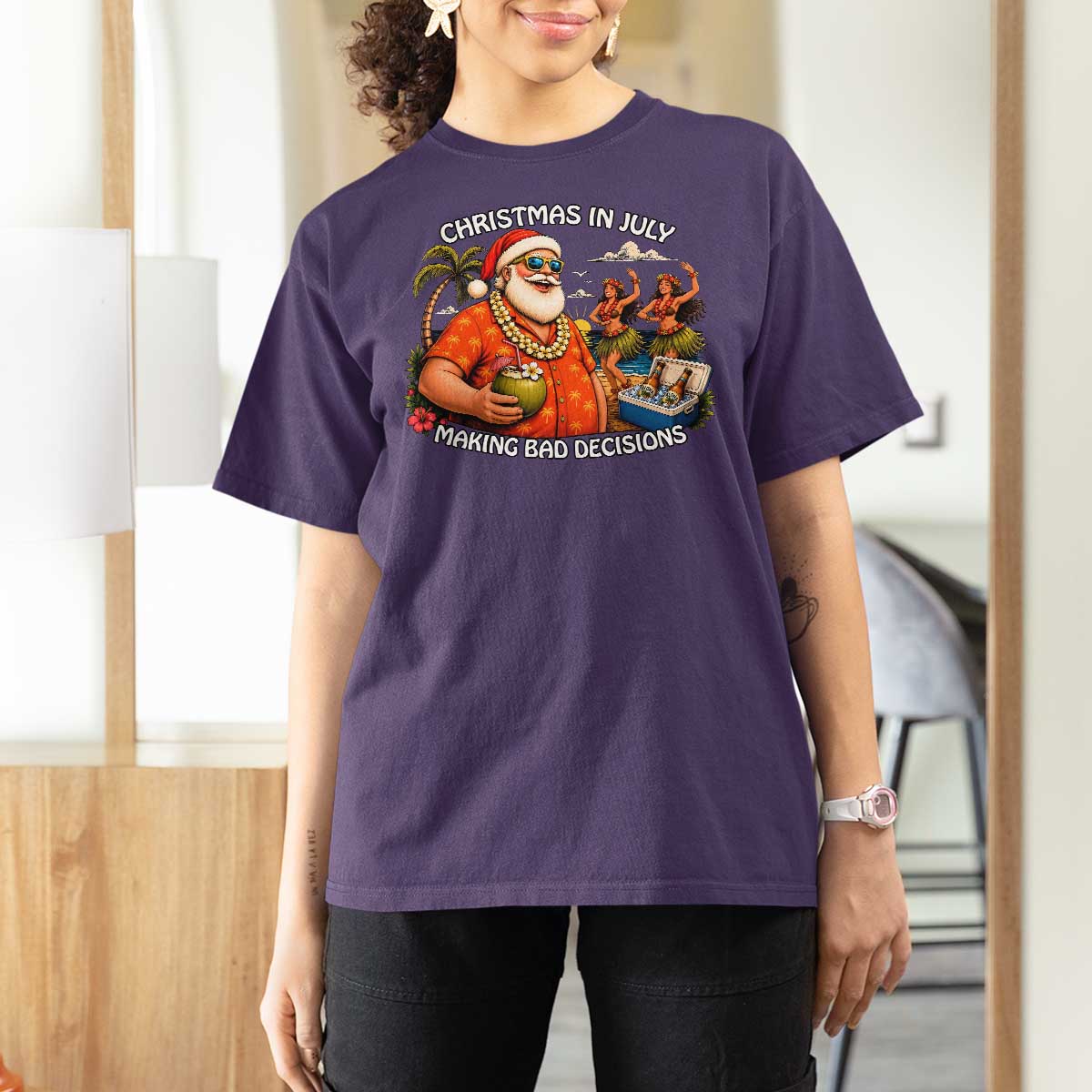 Funny Christmas in July Making Bad Decisions T Shirt For Women Tropical Santa Hawaiian Summer Holiday Party