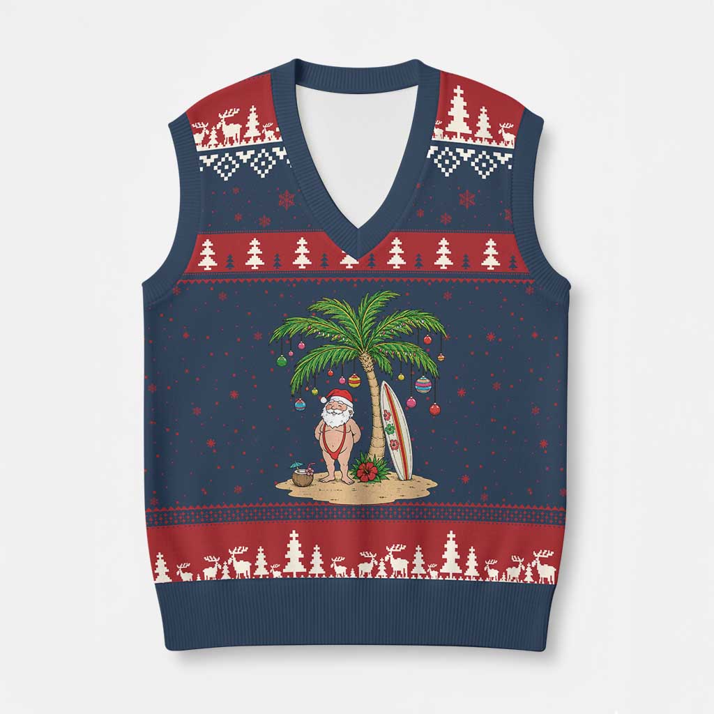 Funny Christmas In July Beach V-Neck Knit Sweater Vest Mankini Santa Summer Swimsuit Summer Holiday Vacation Graphic