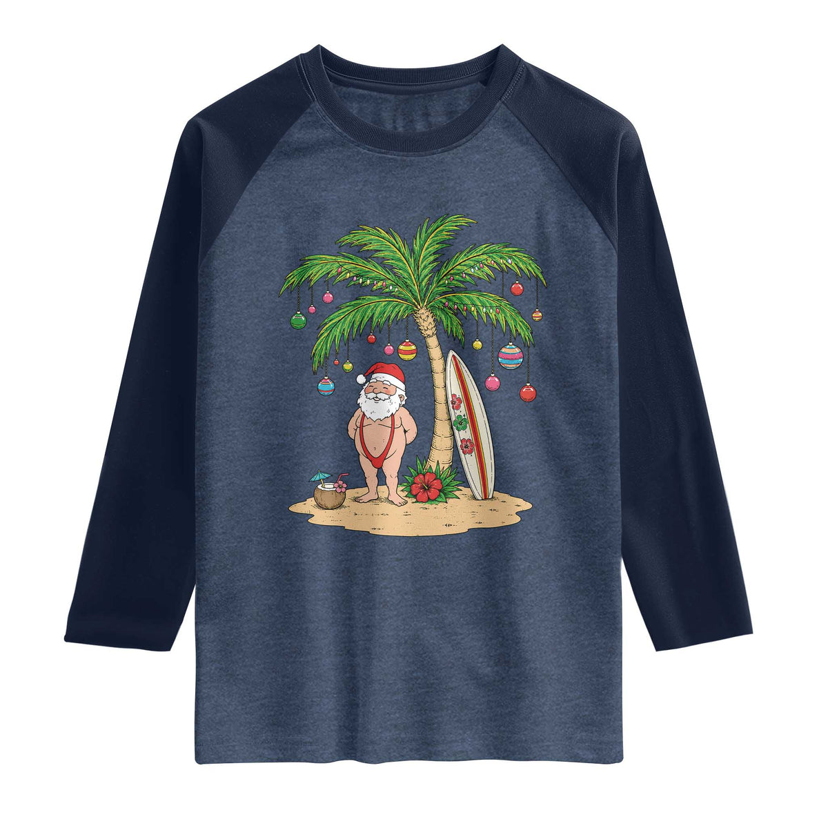 Funny Christmas In July Beach Raglan Shirt Mankini Santa Summer Swimsuit Summer Holiday Vacation Graphic