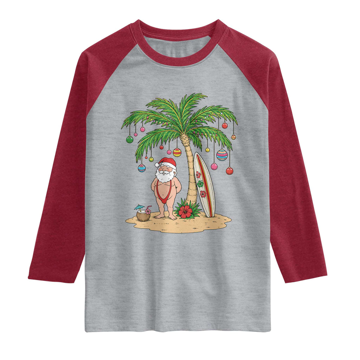Funny Christmas In July Beach Raglan Shirt Mankini Santa Summer Swimsuit Summer Holiday Vacation Graphic