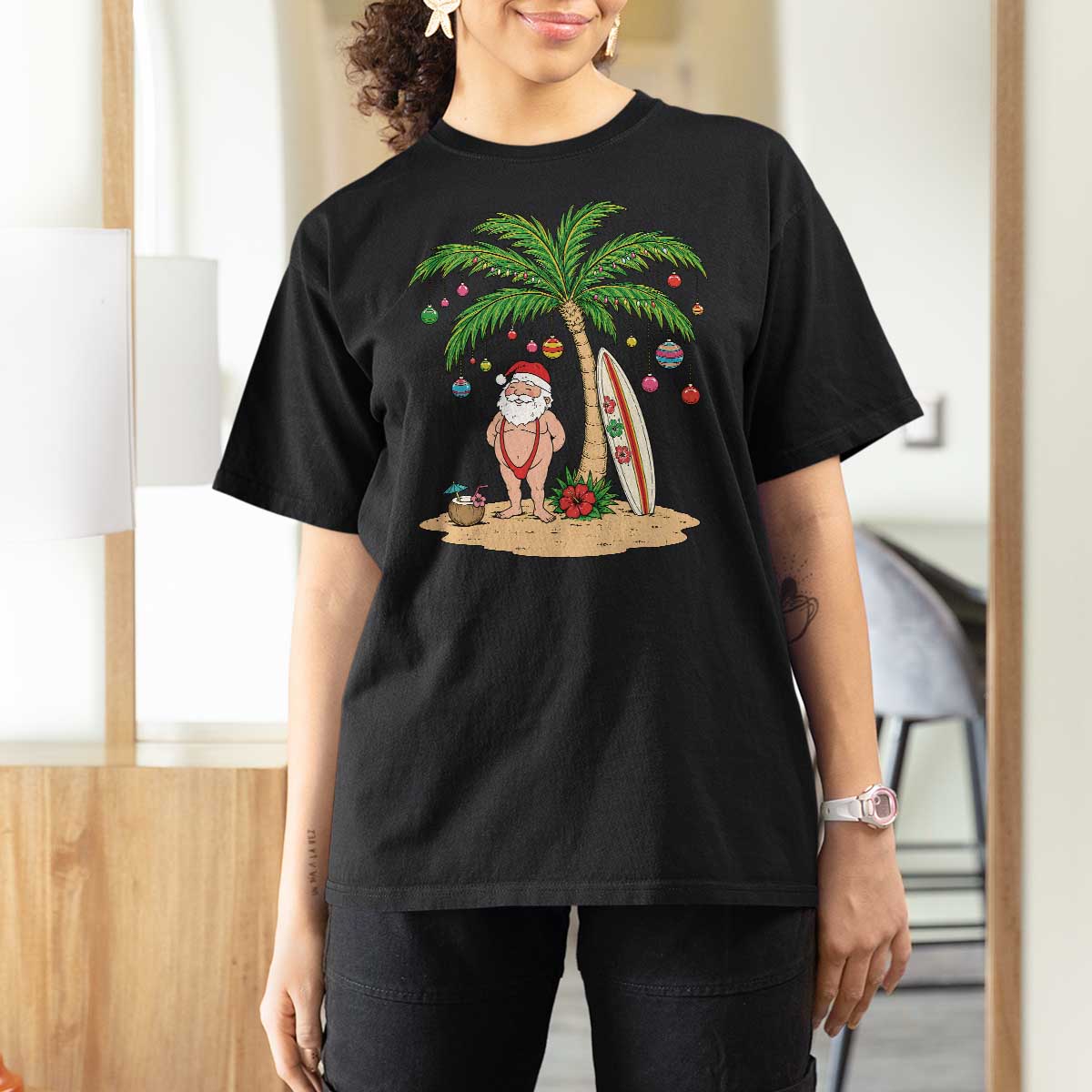 Funny Christmas In July Beach T Shirt For Women Mankini Santa Summer Swimsuit Summer Holiday Vacation Graphic