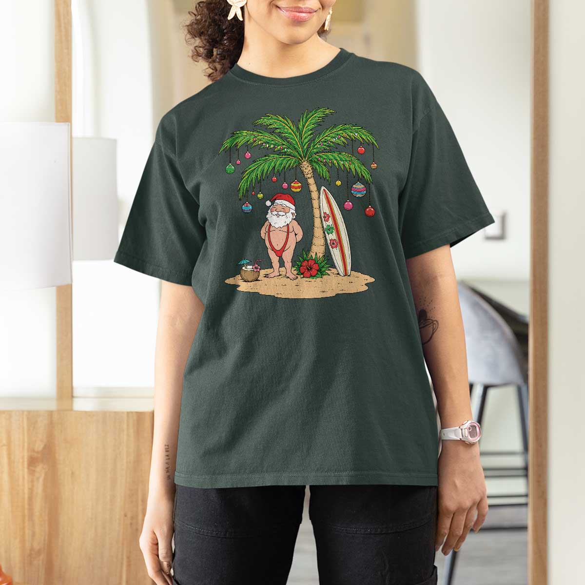 Funny Christmas In July Beach T Shirt For Women Mankini Santa Summer Swimsuit Summer Holiday Vacation Graphic