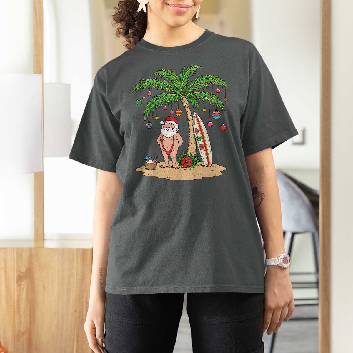 Funny Christmas In July Beach T Shirt For Women Mankini Santa Summer Swimsuit Summer Holiday Vacation Graphic