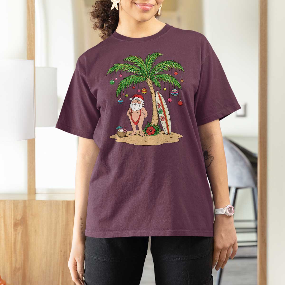 Funny Christmas In July Beach T Shirt For Women Mankini Santa Summer Swimsuit Summer Holiday Vacation Graphic