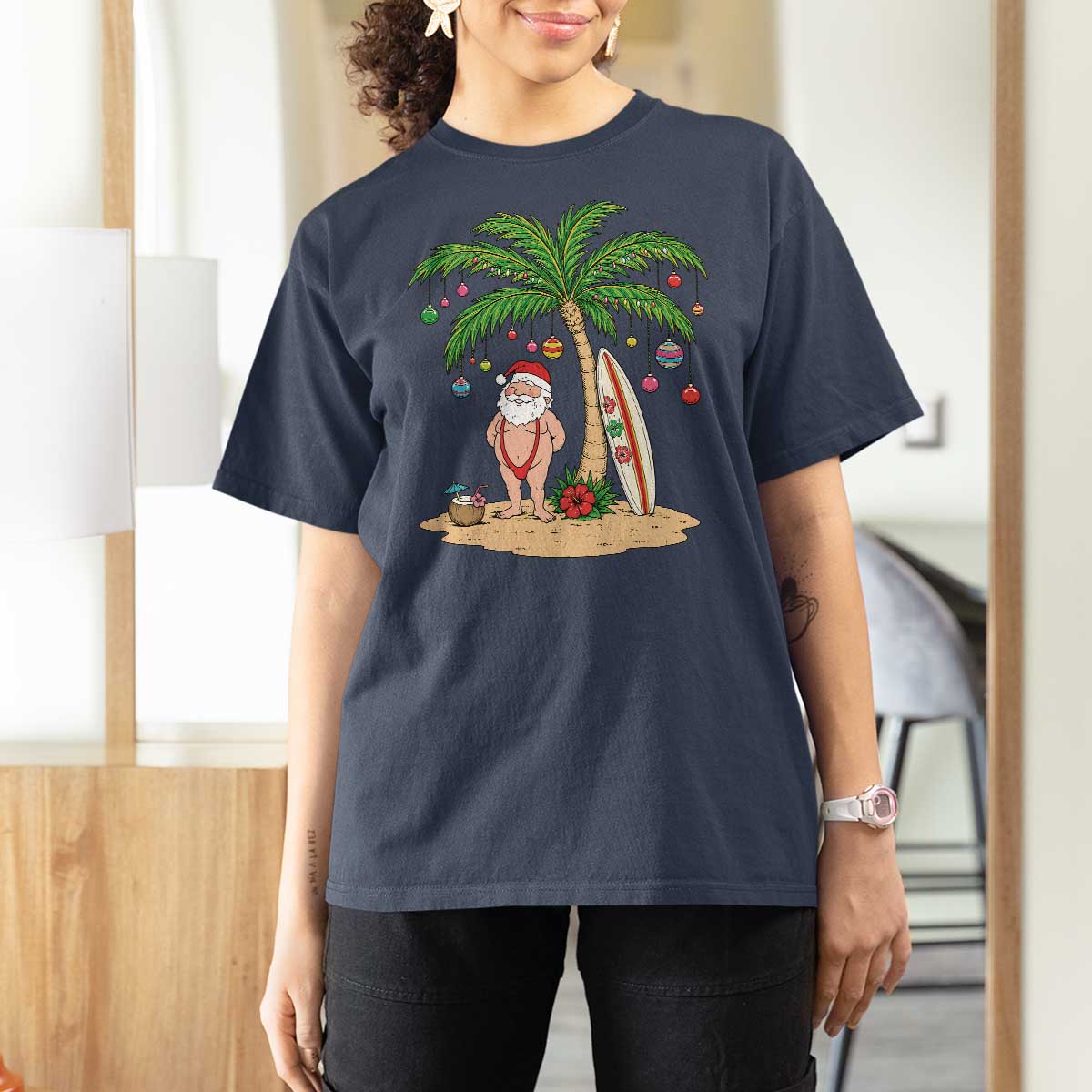 Funny Christmas In July Beach T Shirt For Women Mankini Santa Summer Swimsuit Summer Holiday Vacation Graphic