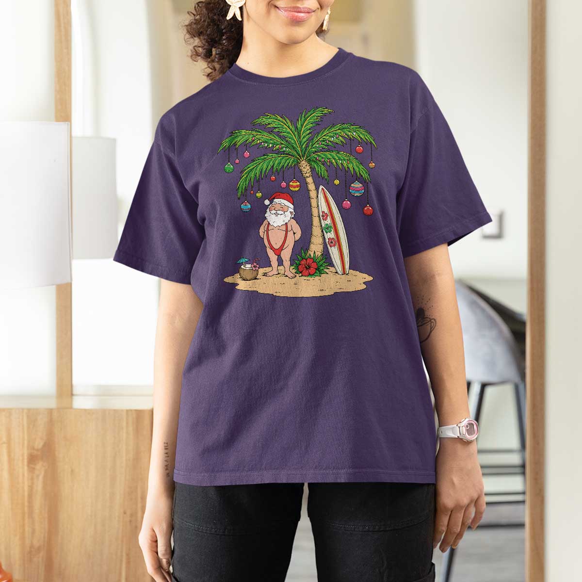 Funny Christmas In July Beach T Shirt For Women Mankini Santa Summer Swimsuit Summer Holiday Vacation Graphic