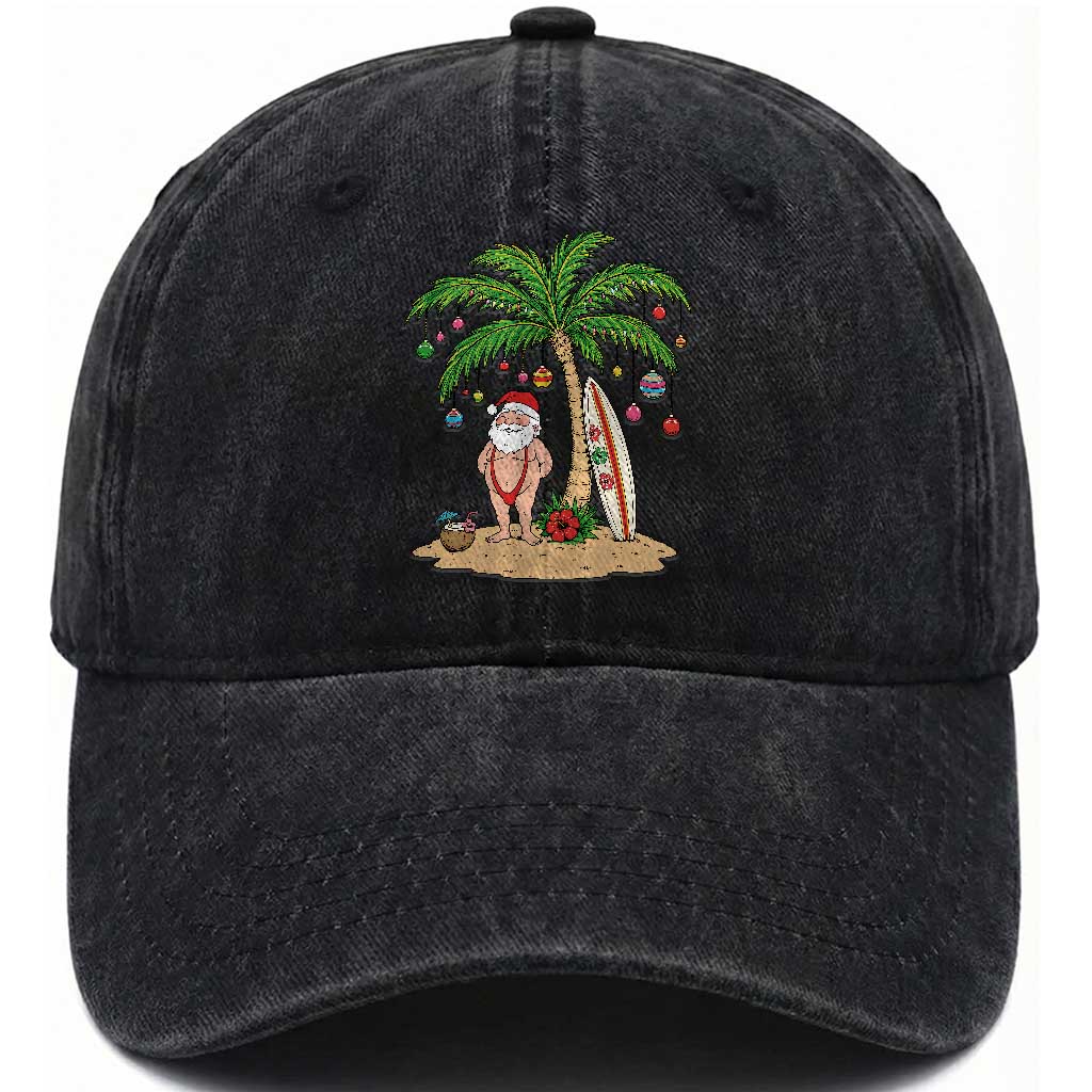 Funny Christmas In July Beach Washed Cotton Baseball Cap Mankini Santa Summer Swimsuit Summer Holiday Vacation Graphic