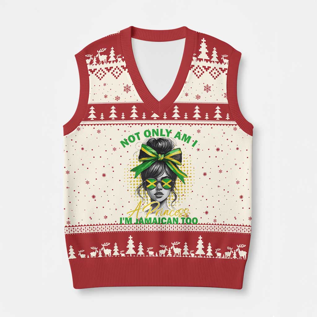 Jamaican Girl V-Neck Knit Sweater Vest Messy Bun Not Only Am I A Princess Im Jamaican Too - Wonder Print Shop
