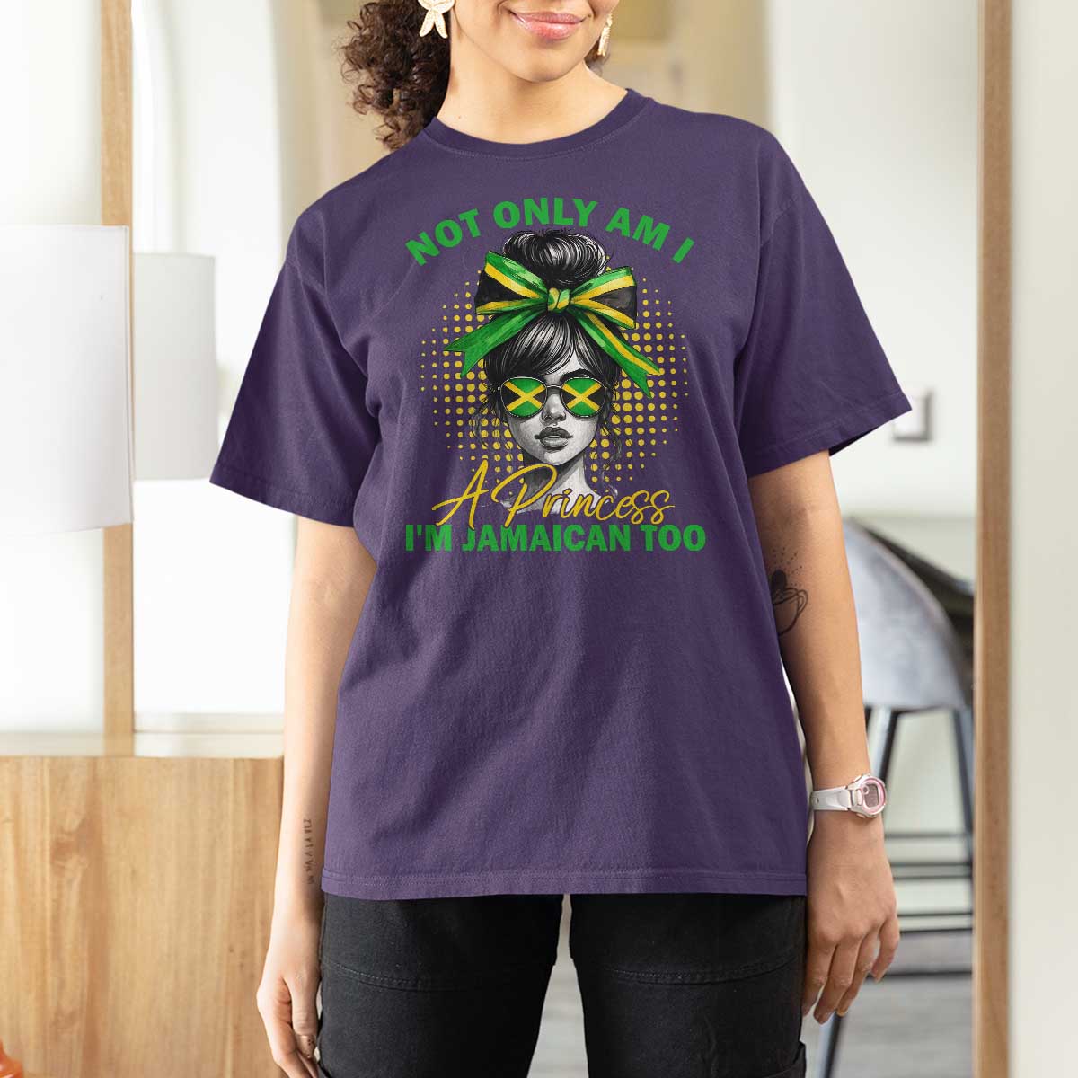 Jamaican Girl T Shirt For Women Messy Bun Not Only Am I A Princess Im Jamaican Too - Wonder Print Shop