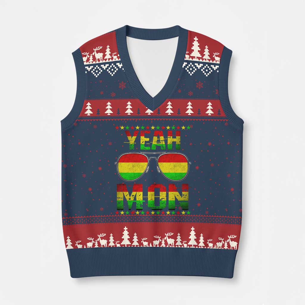 Yeah Mon Jamaican Pride V-Neck Knit Sweater Vest Jamaican Vacation Jamaica Reggae Sunglasses - Wonder Print Shop
