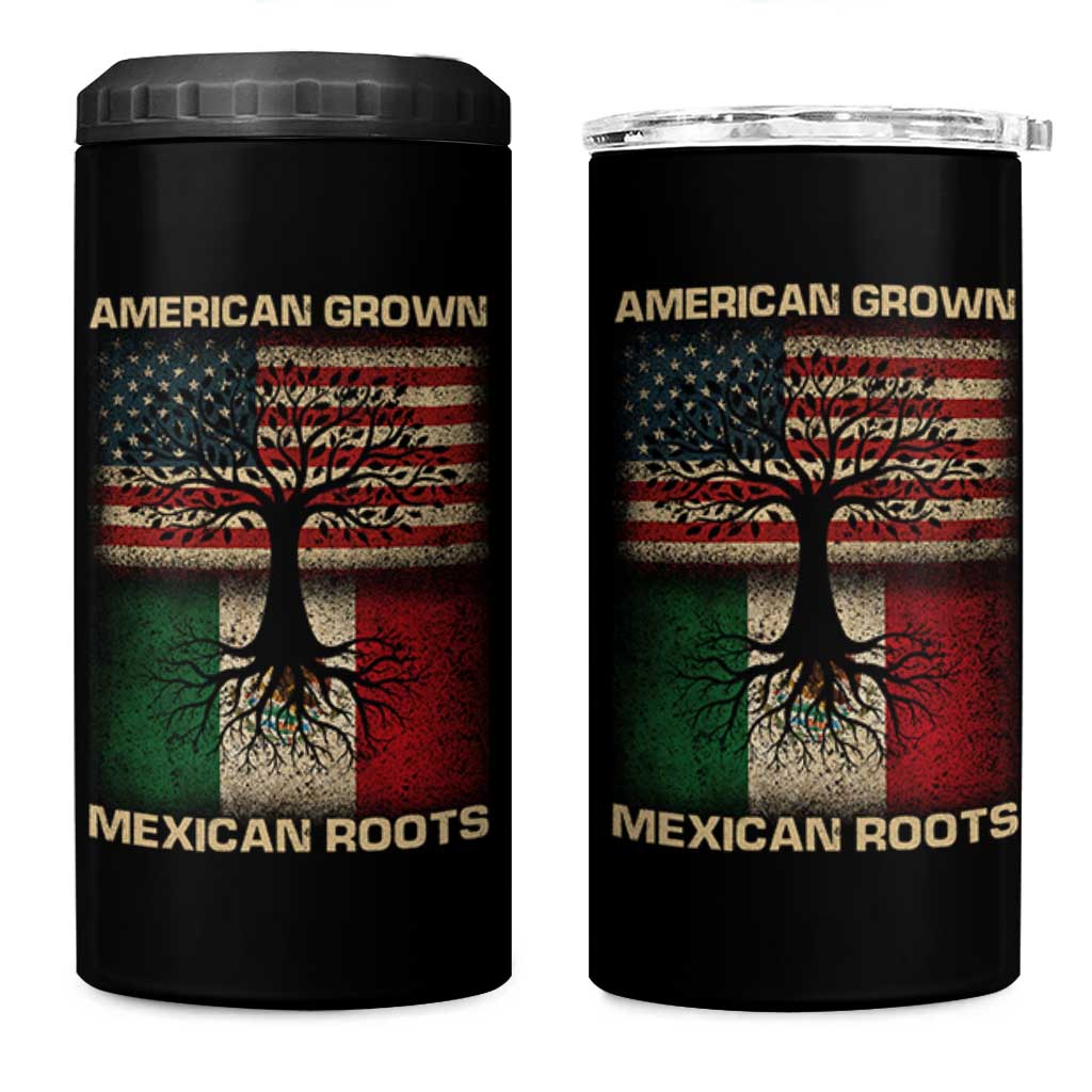 American Grown Mexican Roots 4 in 1 Can Cooler Tumbler Retro Mexico America Flag