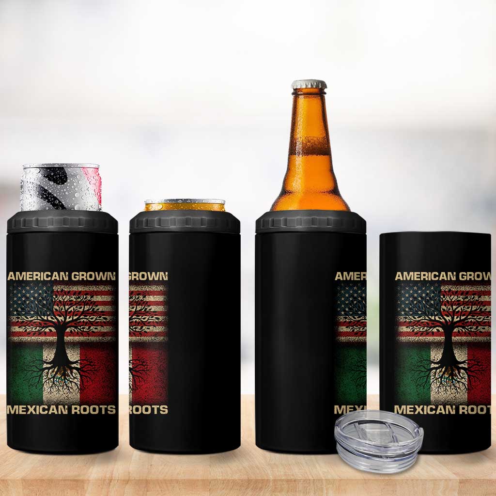 American Grown Mexican Roots 4 in 1 Can Cooler Tumbler Retro Mexico America Flag
