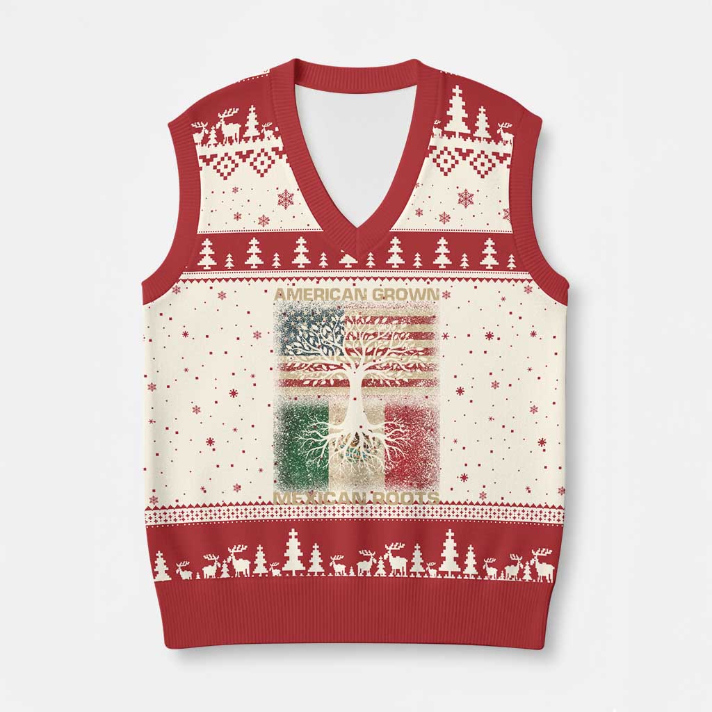 American Grown Mexican Roots V-Neck Knit Sweater Vest Retro Mexico America Flag