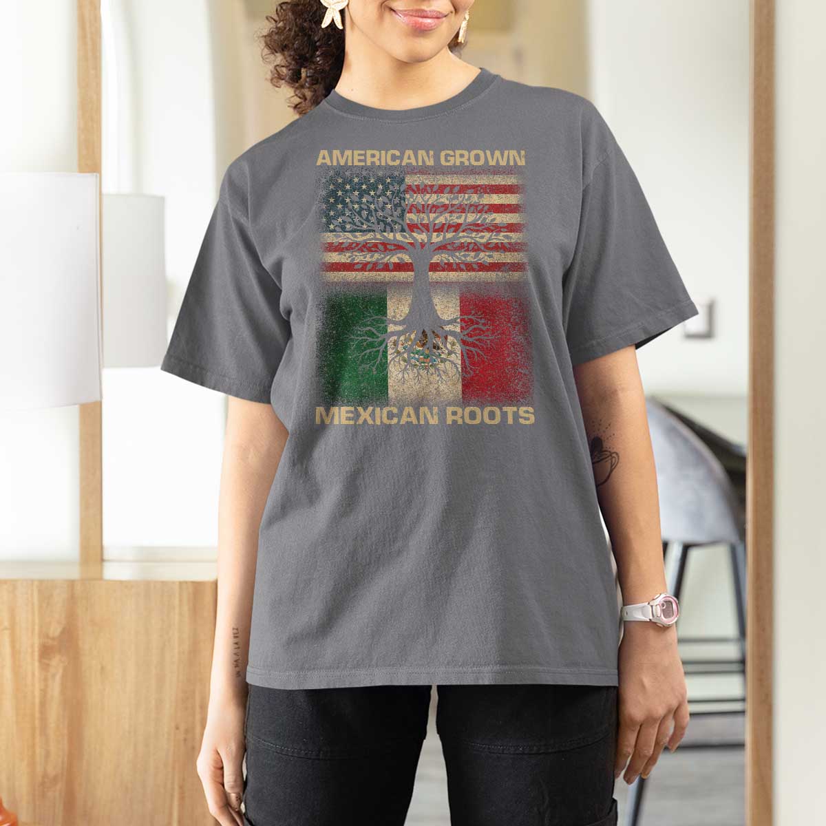 American Grown Mexican Roots T Shirt For Women Retro Mexico America Flag