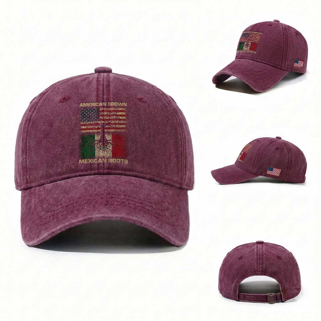 American Grown Mexican Roots Washed Cotton Baseball Cap Retro Mexico America Flag