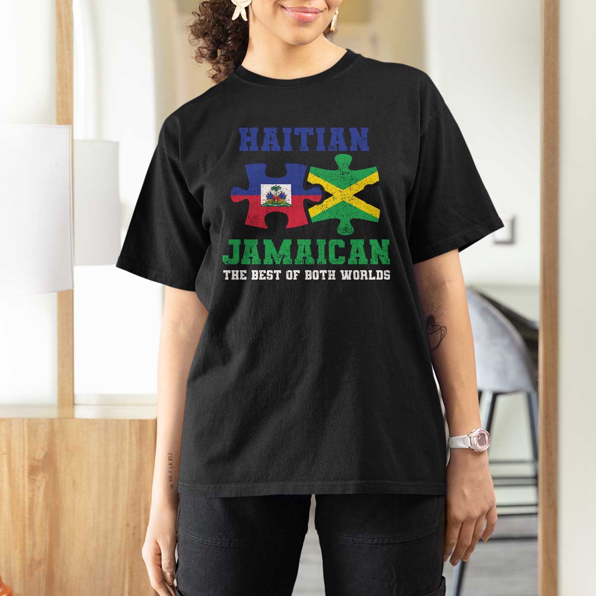 Haitian Jamaican Roots T Shirt For Women Haiti Jamaica Combo Puzzle - Wonder Print Shop