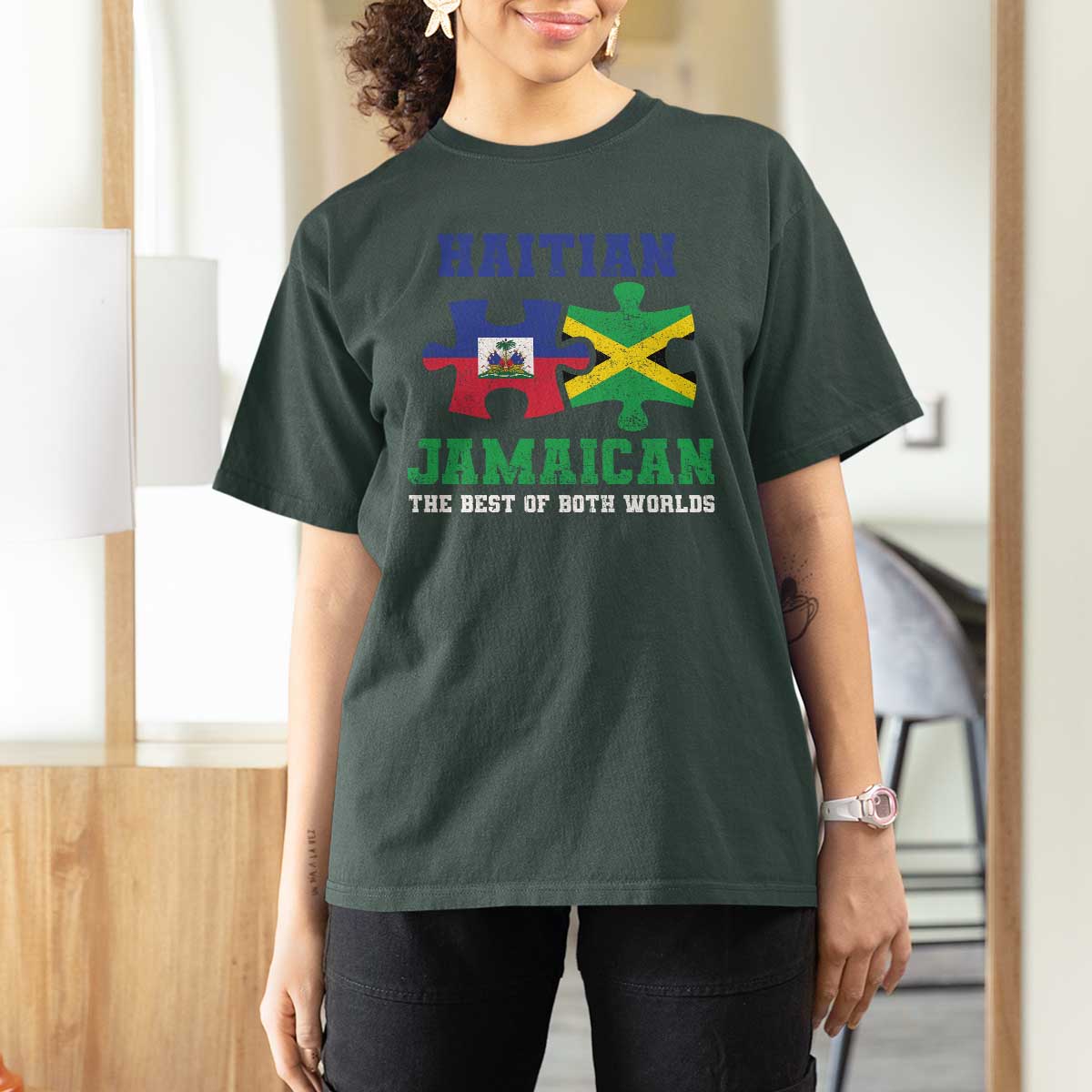 Haitian Jamaican Roots T Shirt For Women Haiti Jamaica Combo Puzzle - Wonder Print Shop