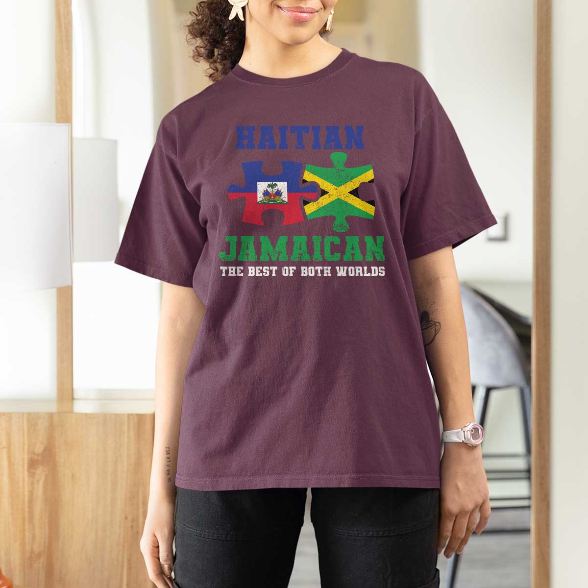 Haitian Jamaican Roots T Shirt For Women Haiti Jamaica Combo Puzzle - Wonder Print Shop