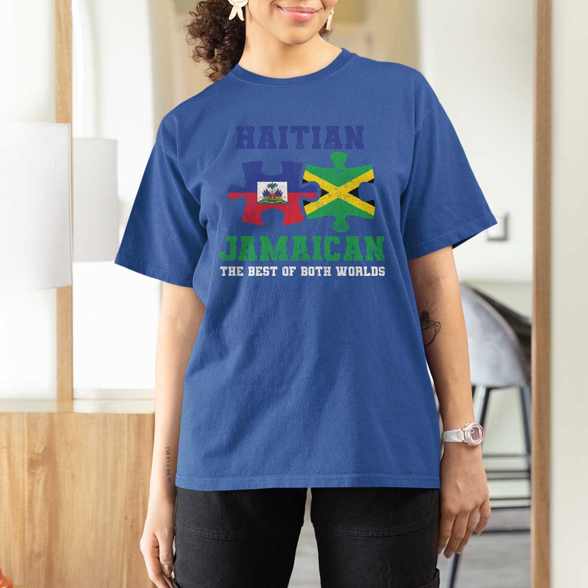 Haitian Jamaican Roots T Shirt For Women Haiti Jamaica Combo Puzzle - Wonder Print Shop