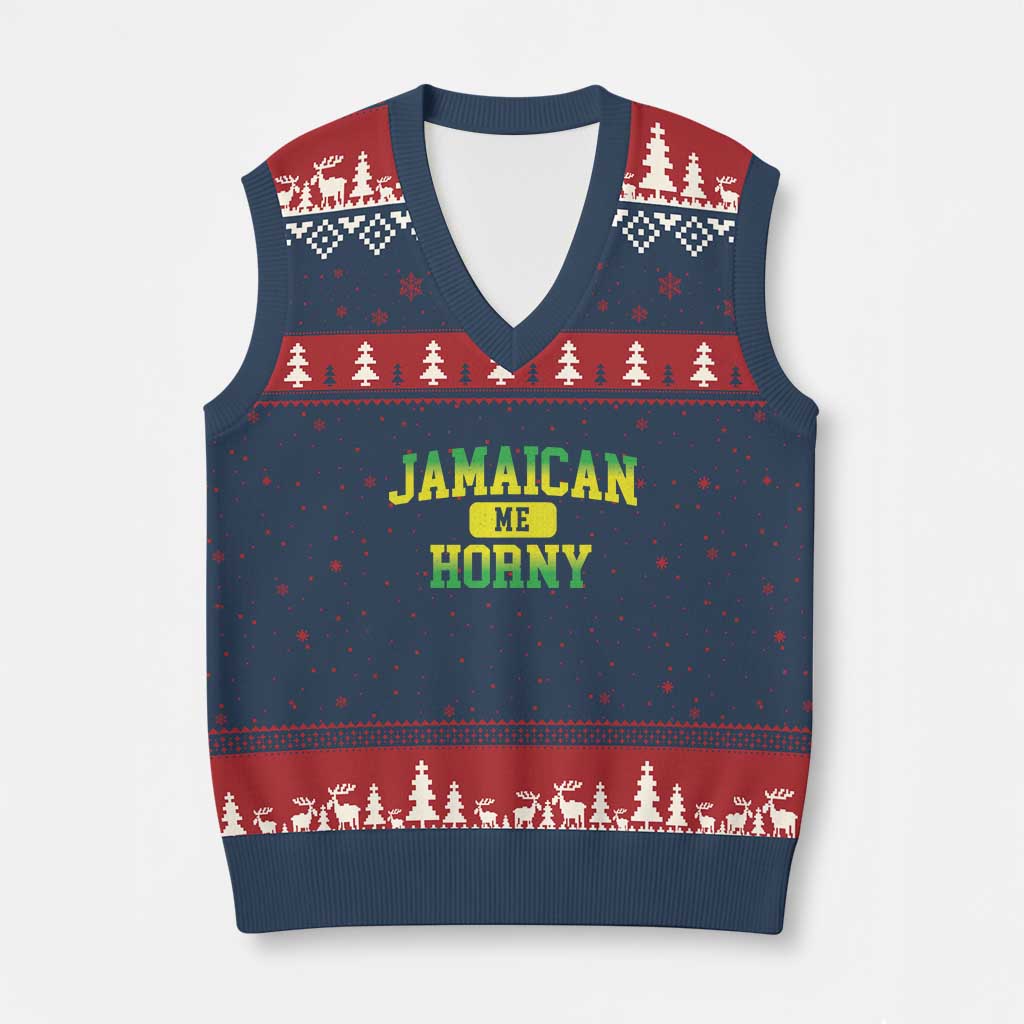 Jamaican Me Horny V-Neck Knit Sweater Vest Funny Caribbean Party - Wonder Print Shop