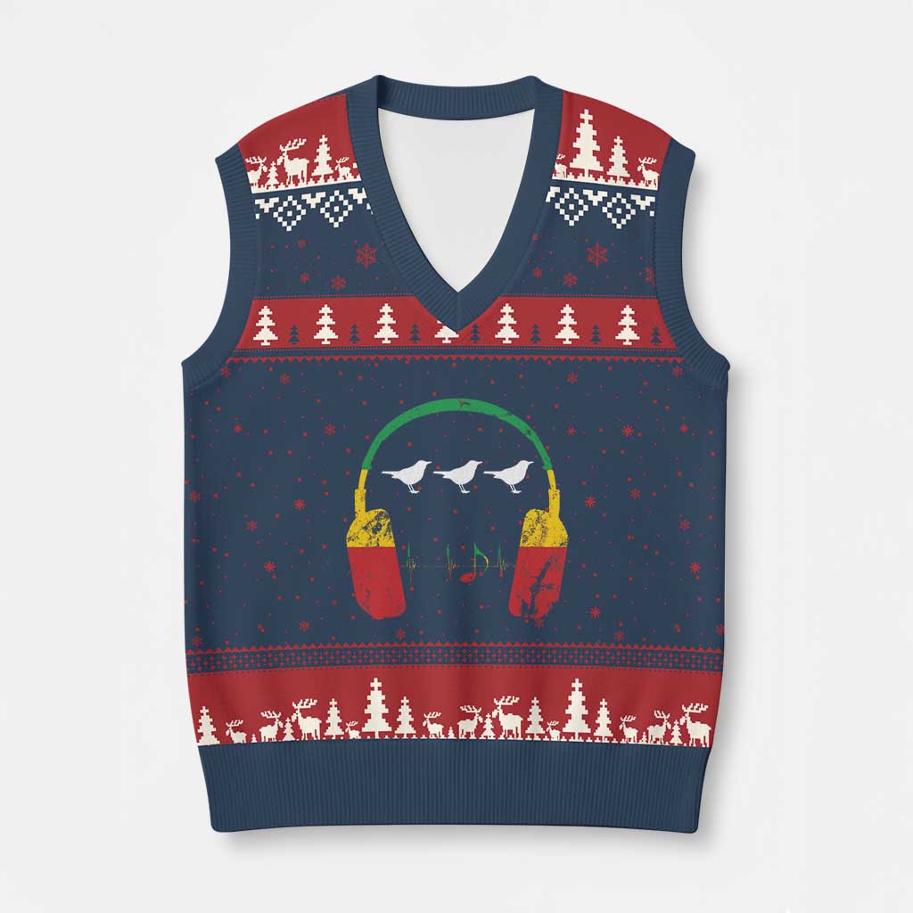 Little Birds V-Neck Knit Sweater Vest Rastafari Rasta Reggae Music Headphones Jamaican Pride - Wonder Print Shop