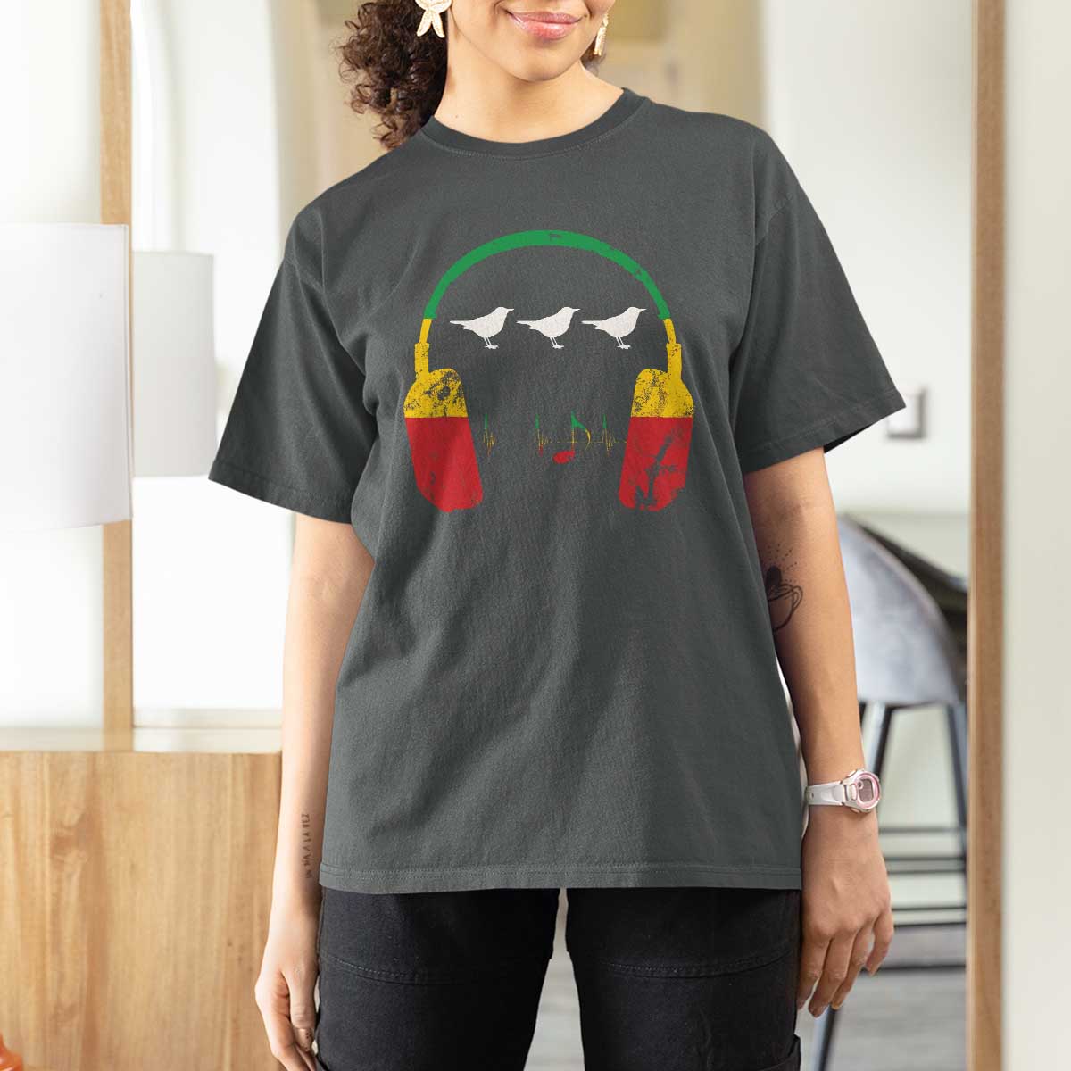 Little Birds T Shirt For Women Rastafari Rasta Reggae Music Headphones Jamaican Pride - Wonder Print Shop