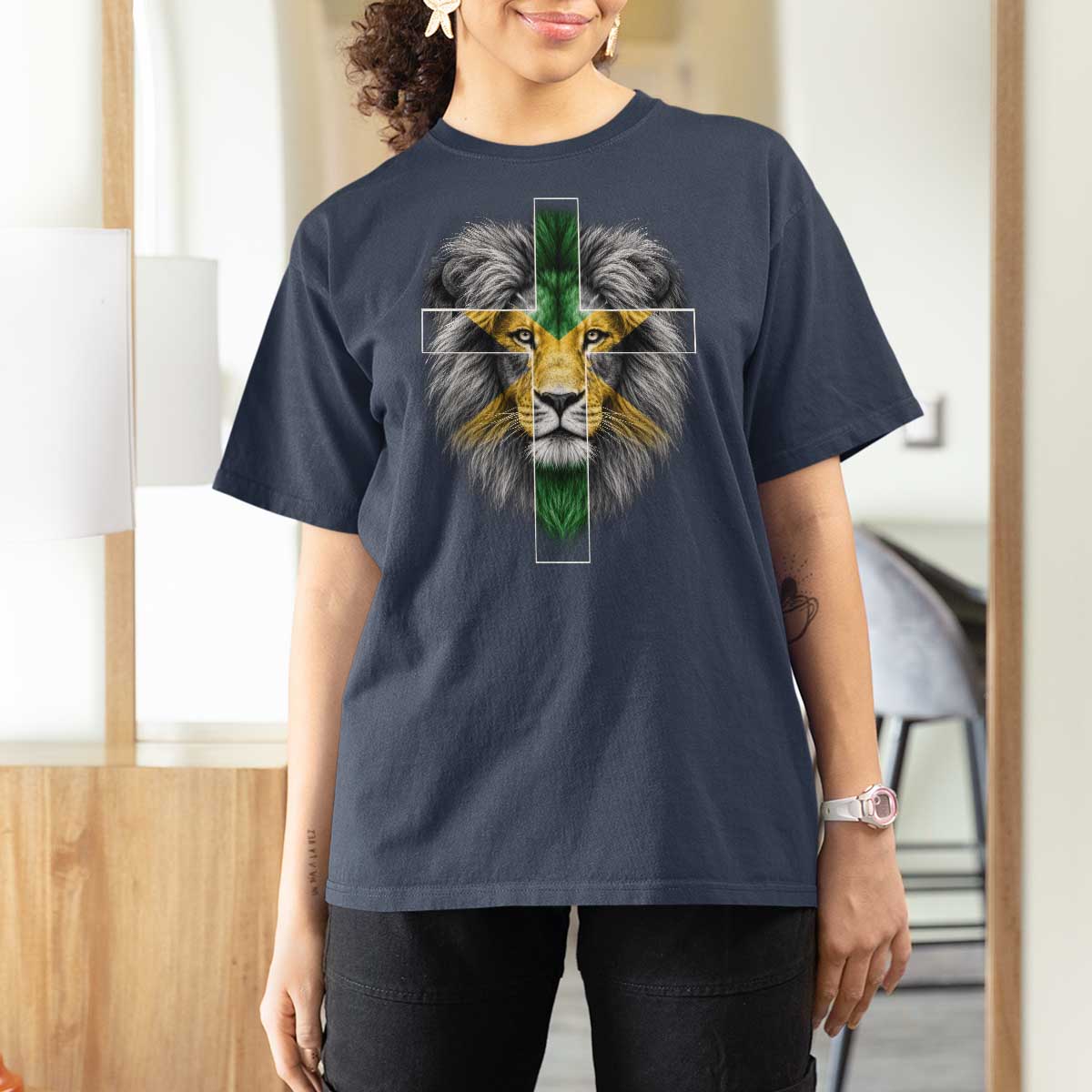 Lion of Judah Cross Jamaica Flag T Shirt For Women Christian Faith Jamaican Pride