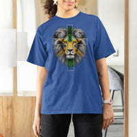 Lion of Judah Cross Jamaica Flag T Shirt For Women Christian Faith Jamaican Pride