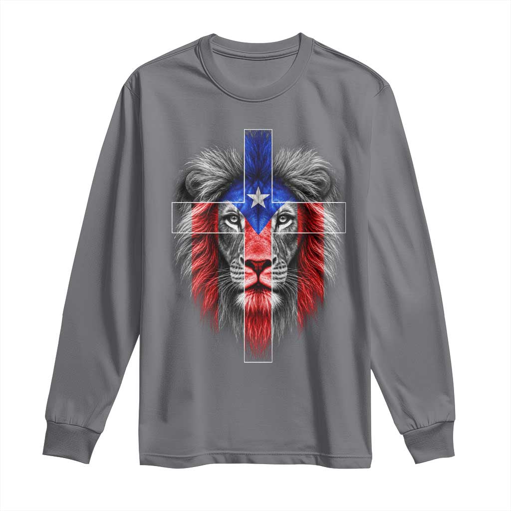 Lion of Judah Cross Puerto Rico Flag Long Sleeve Shirt Christian Faith Puerto Rican Pride