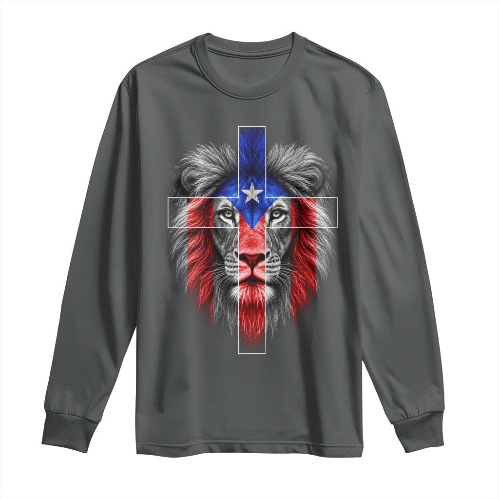 Lion of Judah Cross Puerto Rico Flag Long Sleeve Shirt Christian Faith Puerto Rican Pride
